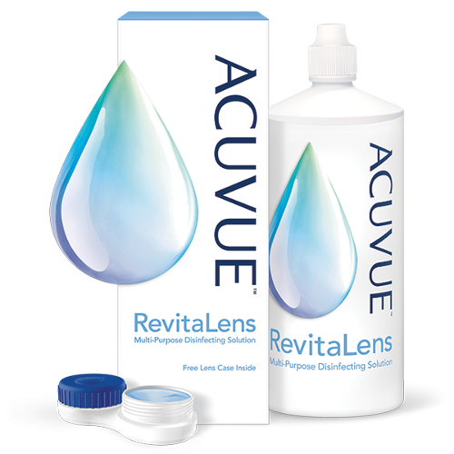 Opakowanie płynu do soczewek ACUVUE™ RevitaLens  – butelka i pojemniczek na soczewki kontaktowe